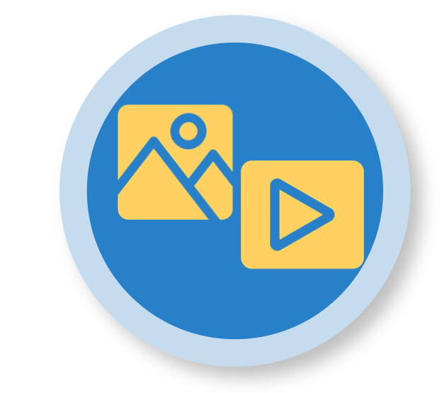 A blue circle, outlined in light blue, with a video and picture icon in yellow.