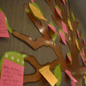An illustration of a tree taped to the wall with different colored sticky notes stuck to the branches. 