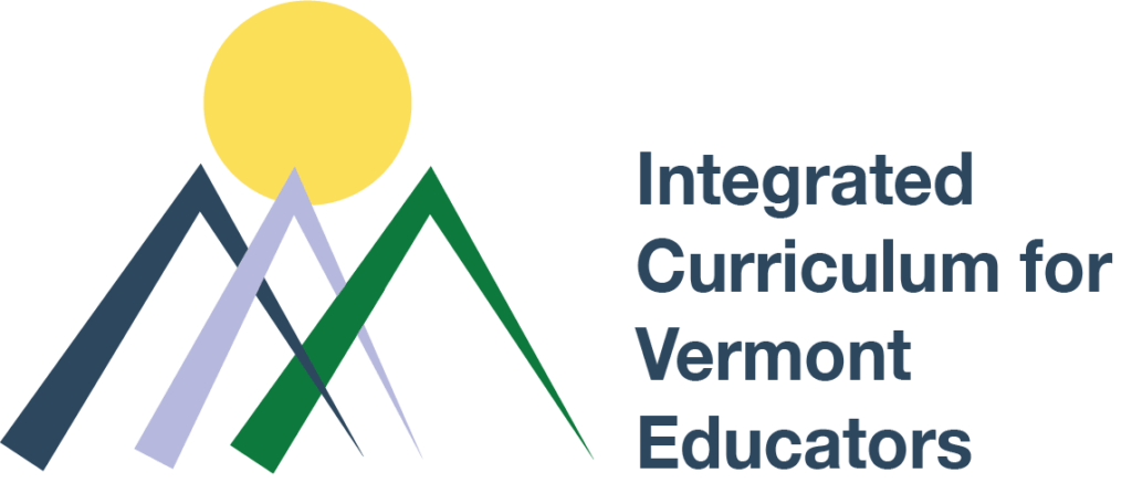 Logo featuring three stylized mountain peaks with a yellow sun in the background, next to the text Integrated Curriculum for Vermont Educators—a meaningful gift for Vermont educators.
