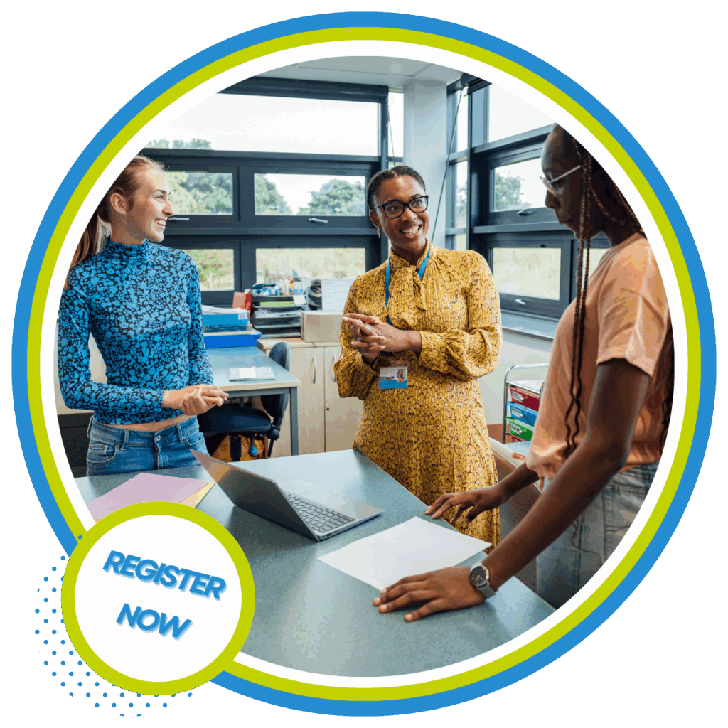 Three women stand around a table with a laptop, smiling and talking in a bright room with large windows, discussing the Antiracist Roadmap. A “REGISTER NOW” graphic is in the lower left corner of the image.