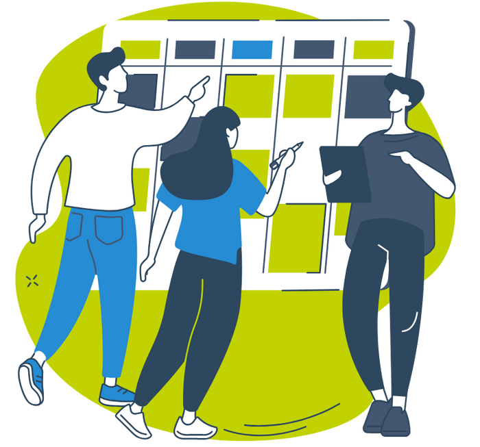 Illustration of three people collaborating around a large planning board or calendar filled with colorful squares in yellow, blue, and gray. One person points to the board while the others hold tablets or notebooks, representing teamwork in strategic planning or project management.
