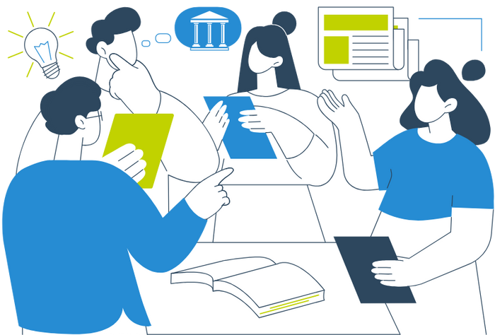 Four people sit around a table discussing ideas, holding tablets and papers, as an open book lies on the table. Thought bubbles and newspaper icons suggest a professional learning communities brainstorming session or group project.