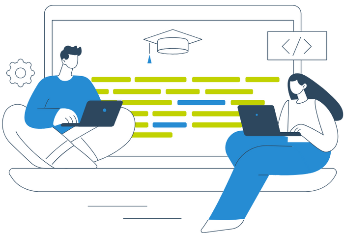 Illustration of two people working on laptops with a large screen behind them displaying educational content. The screen shows a graduation cap icon and code brackets symbol, with lines of text highlighted in yellow and blue, representing online learning or educational technology collaboration.