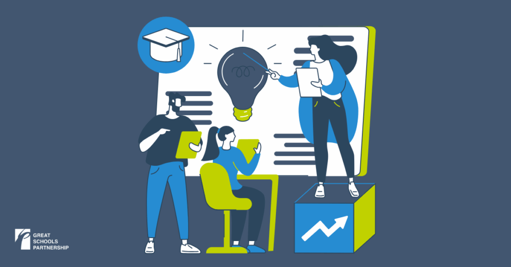 Illustration of three people collaborating: one stands on a block with a rising graph, another sits working, and a third holds a book. A light bulb and graduation cap highlight ideas and education within professional learning communities.