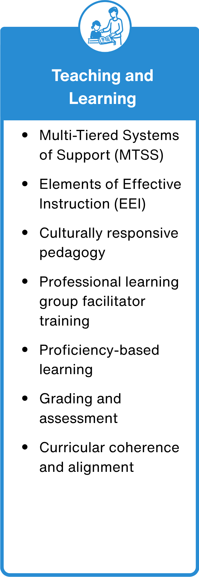 Infographic titled Teaching and Learning highlights Our Work: Multi-Tiered Systems of Support (MTSS), Elements of Effective Instruction (EEI), culturally responsive pedagogy, professional training, proficiency-based learning, grading, and curricular alignment.