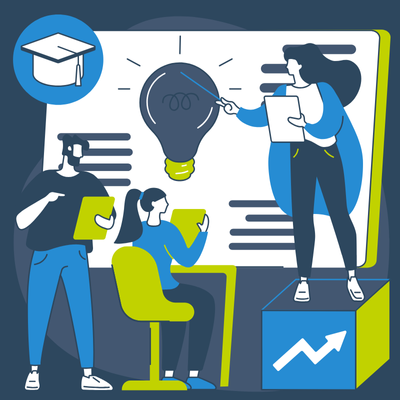 Illustration of three people collaborating in an educational setting with a large screen or board displaying a lightbulb representing innovation and ideas. A graduation cap icon appears in the corner, while charts and documents are visible, symbolizing data-driven educational planning and professional development. One person points to the lightbulb while others engage with materials, representing collaborative learning and growth.