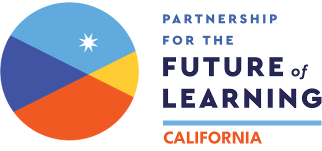 Logo for Partnership for the Future of Learning California, featuring a circle divided into blue, yellow, and orange sections with a white star, bold text to the right, and a focus on Extended Learning opportunities.