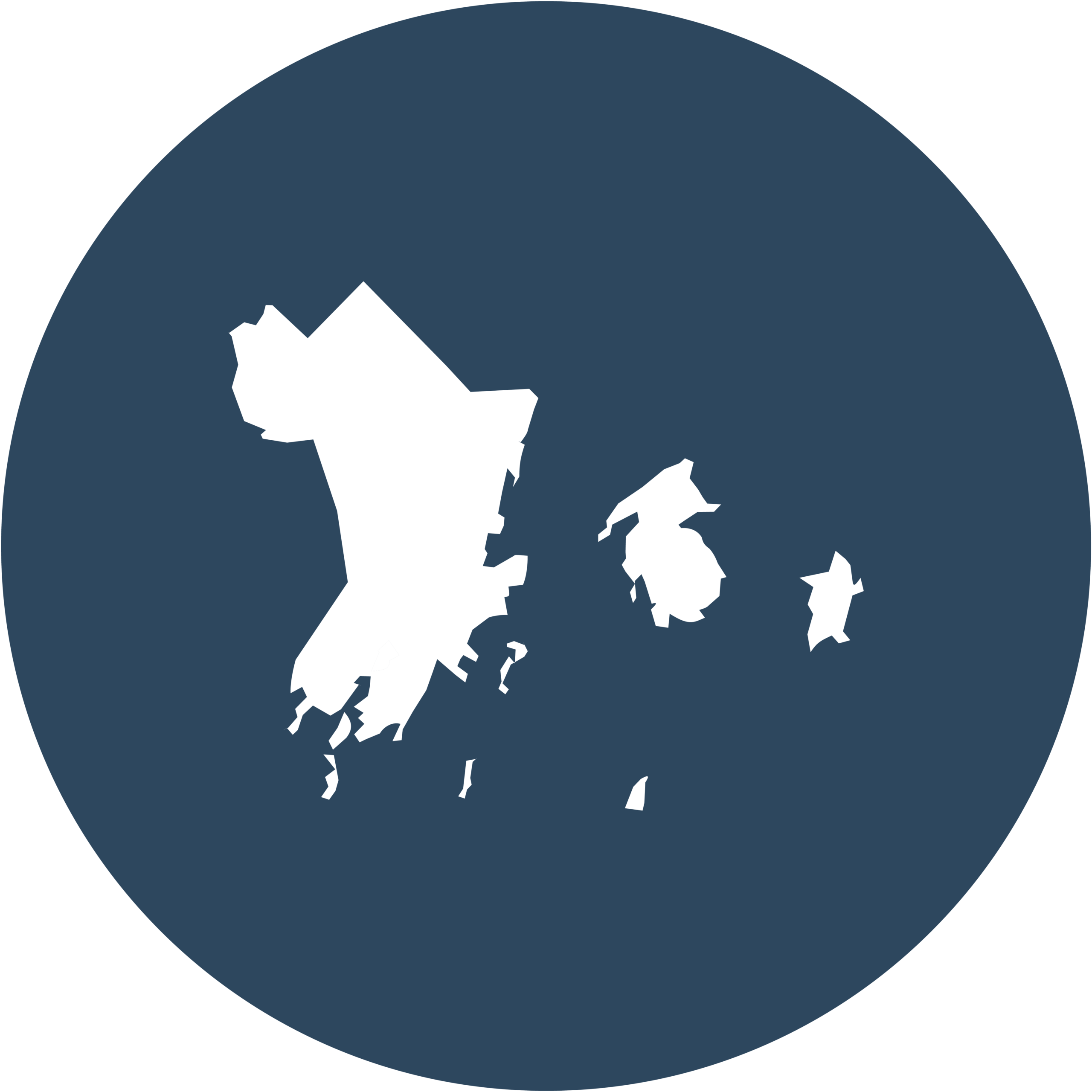 A white silhouette of Knox County, Maine, over a blue circle. 