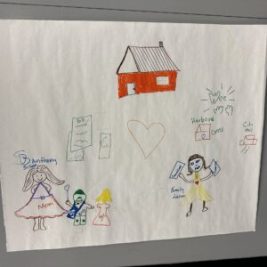 A child's drawing with a red house, a large heart, a sun, and stick figures labeled Mom, Anthony, and Family highlights Family Engagement in Schools. Small buildings labeled City Hall and Harboro Cross add to the playful doodles.