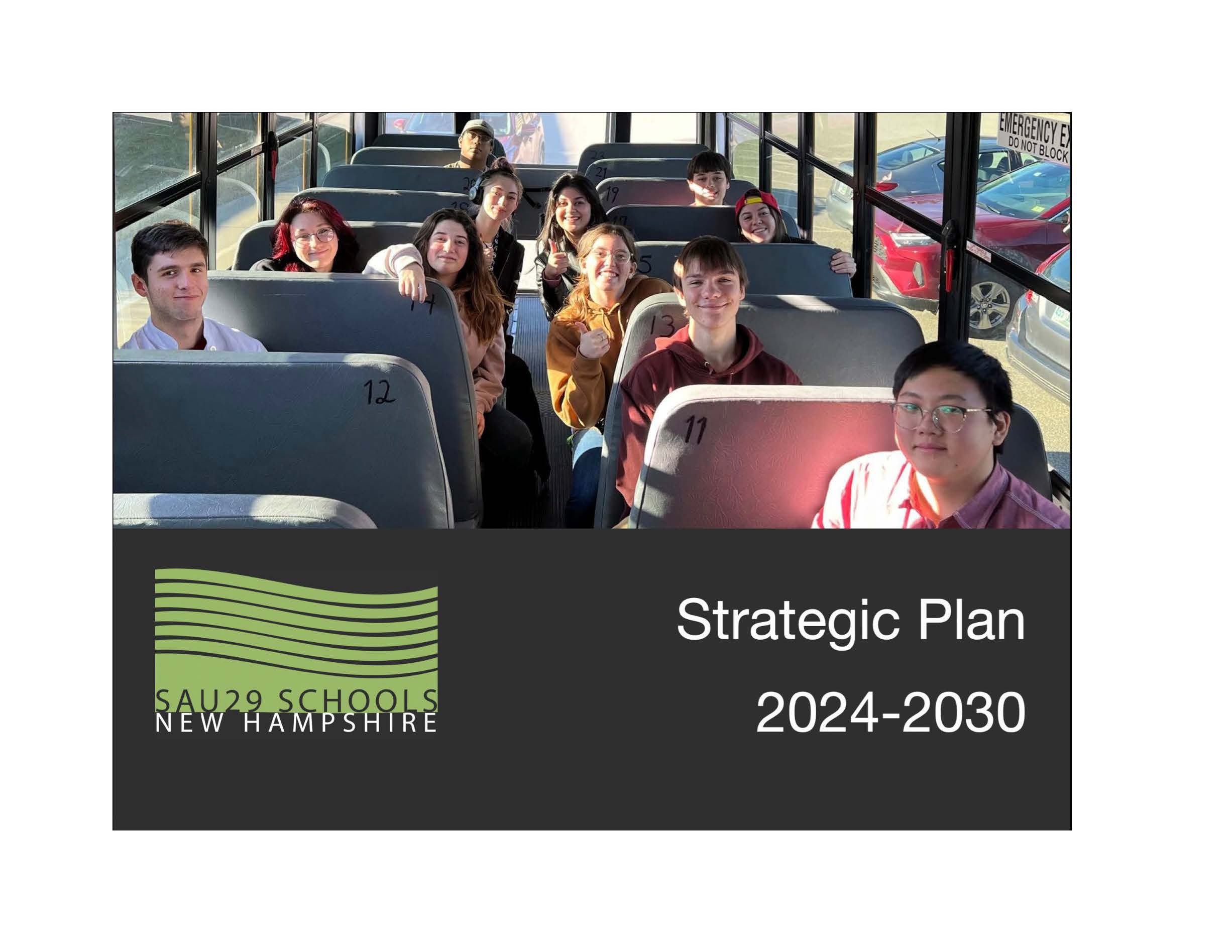 Cover of the SAU29 Schools New Hampshire Strategic Plan 2024-2030. A photo shows a group of students smiling and turning toward the camera while seated on a school bus. The SAU29 logo and document title appear below.