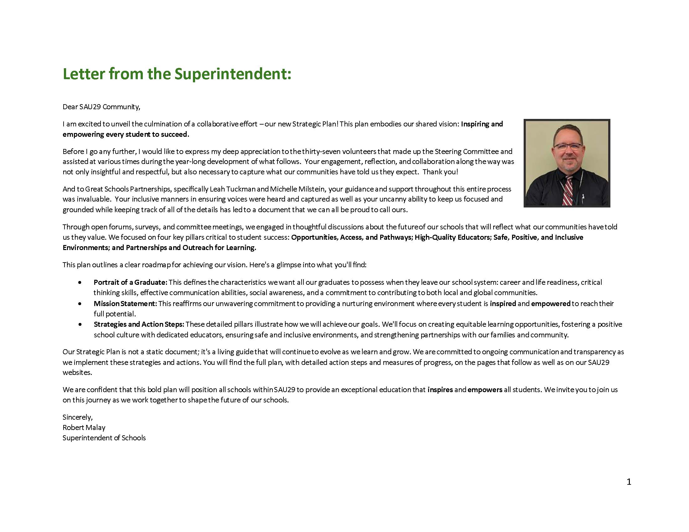Page 1: Letter from the Superintendent, Robert Malay, addressed to the SAU29 community. The letter introduces the new Strategic Plan, thanks the Steering Committee and Great Schools Partnerships, and outlines the plan's four pillars and key components including the Portrait of a Graduate and Mission Statement. A headshot of Superintendent Malay appears to the right of the text.