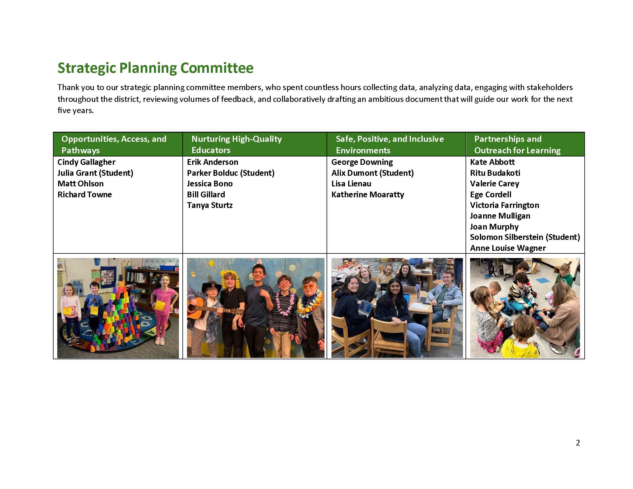 Page 2: Strategic Planning Committee page listing members organized into four committees: Opportunities, Access, and Pathways; Nurturing High-Quality Educators; Safe, Positive, and Inclusive Environments; and Partnerships and Outreach for Learning. Four photos below show SAU29 students engaged in various activities including building with blocks, playing music, working at tables, and collaborating on the floor.