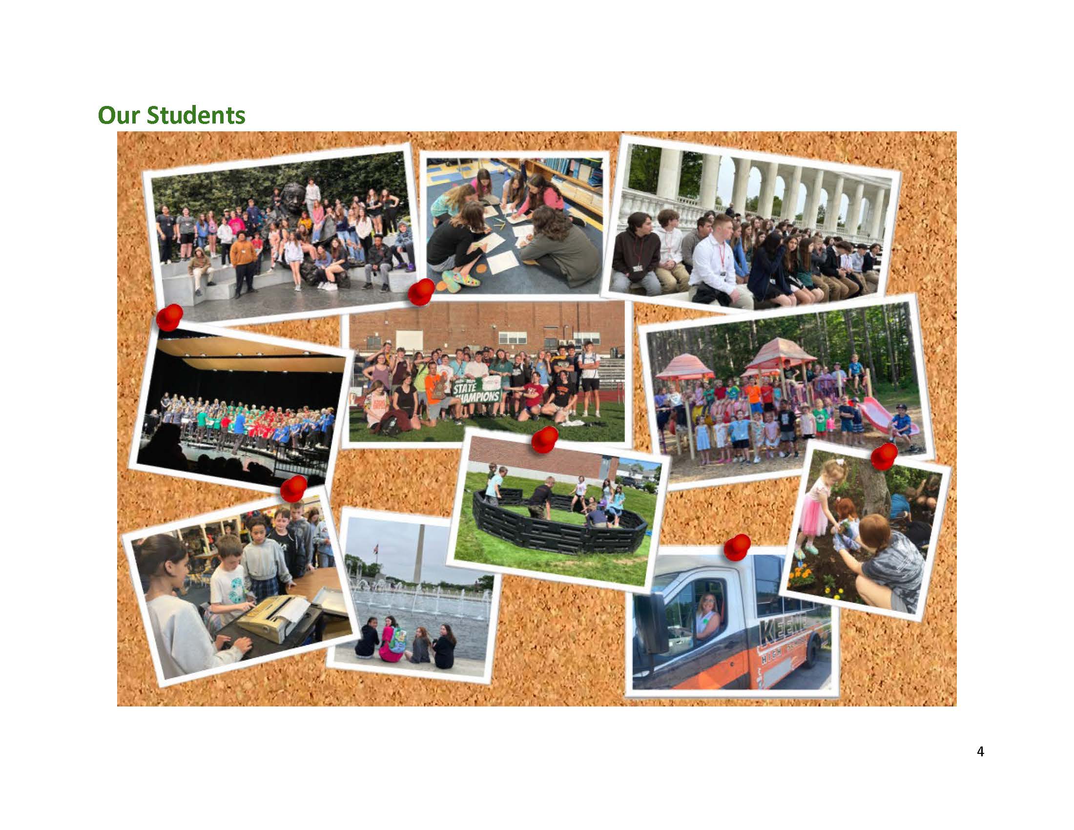 Page 4: Our Students page featuring a collage of twelve photos pinned to a corkboard background, showing SAU29 students in a wide variety of activities including field trips, a choir performance, a state championship sports team, outdoor play, gardening, a visit to Washington D.C., and riding a Keene school bus.