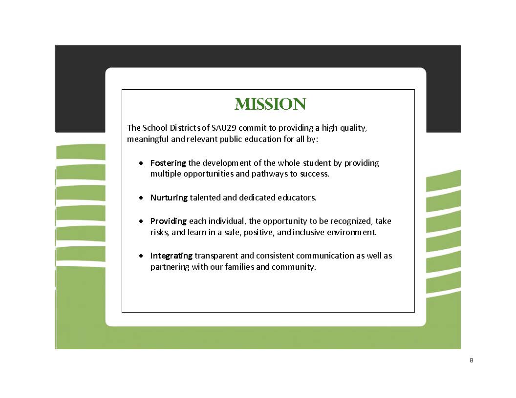 Page 8: SAU29 Mission Statement page. Against a decorative dark and green background, a white box displays the mission: the SAU29 school districts commit to providing high quality, meaningful, and relevant public education for all by fostering whole student development, nurturing talented educators, providing safe and inclusive environments, and integrating transparent community partnerships.