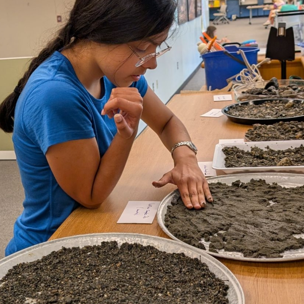 A person in a blue shirt examines and touches soil samples spread on trays with labeled cards beside each tray, as part of lessons in a classroom or lab setting.