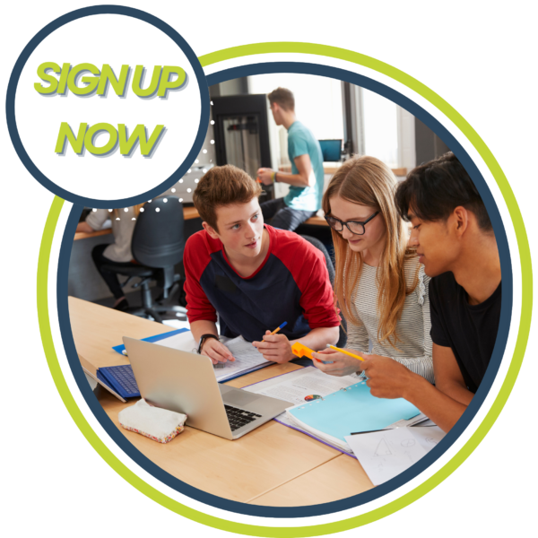 Three students sit at a table, engaging in student-centered learning with notebooks and a laptop. A large bubble text in the top left corner says SIGN UP NOW. Other students are seen in the background.