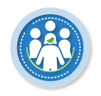 A blue circle, outlined in light blue, with an illustration of four stick figures, with one in the front, having a solid green face, side bangs and a bob, and three plain ones behind. There is also a green horseshoe-shaped line below the figures and two dotted white lines around the entire illustration.