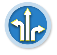 A blue circle, outlined in light blue, with an illustration of three arrows: the left arrow pointing left out of the circle, the center arrow pointing straight up, and the right arrow, which is shorter than the other arrows, pointing right.