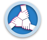 A blue circle, outlined in light blue, with an illustration of three white hands interlocked, outlined in red.